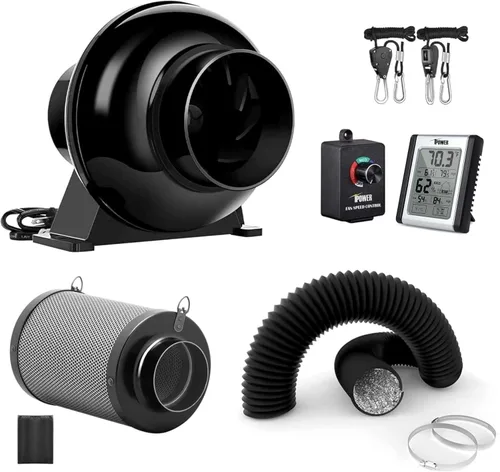 Vista 9 de iPower Ventilador de escape en línea de 4 pulgadas 195 CFM, filtro de carbono de aire con gancho, conducto flexible de 8 pies, colgador de cuerda