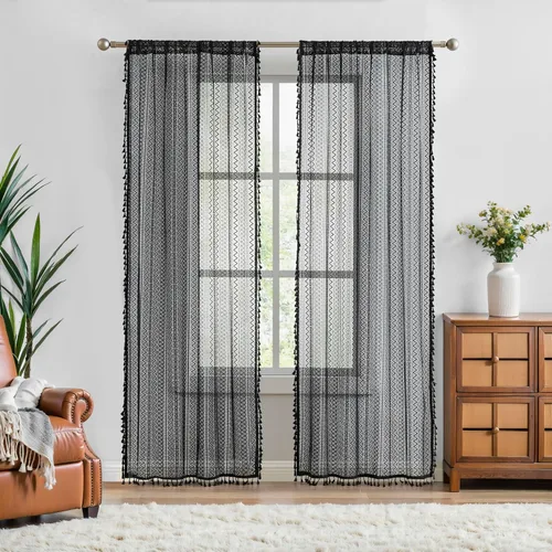 Vista 17 de Cortinas de encaje transparente con borlas de lino bohemio beige, elegante geometría de ganchillo, bolsillo para barra, cortinas de ventana