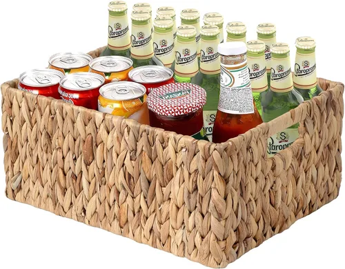 Vista 10 de Cesta de mimbre grande para organización, rectangular a prueba de humedad, cesta de almacenamiento de mimbre grande de plástico para estante