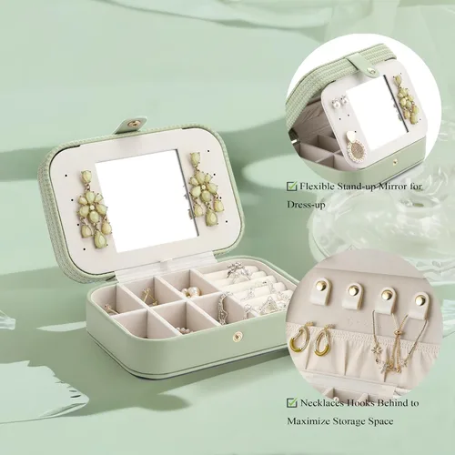 Vista 3 de Vlando Pequeño organizador de joyas de viaje, estuche de almacenamiento de piel sintética para collares, aretes, anillos, tejido verde