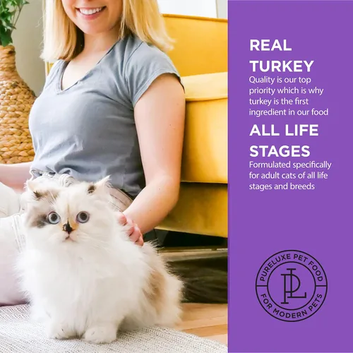 Vista 3 de PURELUXE Alimento para gatos sin granos y gluten, nutrición Elite para gatos adultos, pavo, para todas las etapas de la vida y razas, fabricado