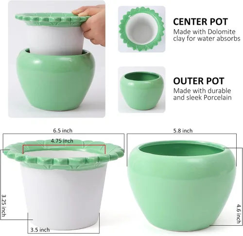 Vista 2 de Maceta para Flores Violeta Africana Verde de Cerámica con Riego Automático 6.5 * 4.6 * 4 pulgadas Maceta Simple para Plantas con Riego Automático