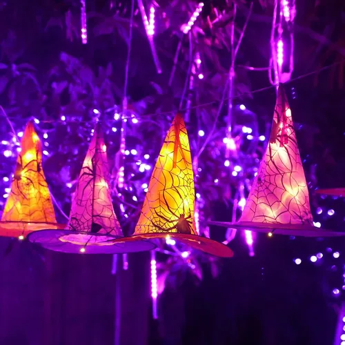 Vista 6 de Dazzle Bright 8 luces colgantes de sombrero de bruja para colgar, decoraciones de Halloween impermeables con control remoto para decoración