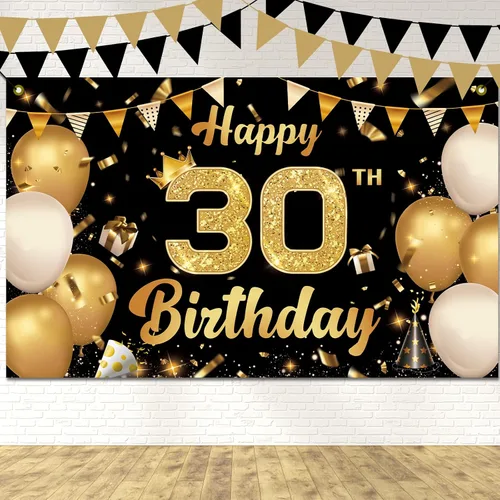 Vista 6 de Cartel de feliz cumpleaños 30 para patio, pancarta de feliz cumpleaños 30 en negro y rojo, decoración para mujeres y hombres, fondo grande de 30