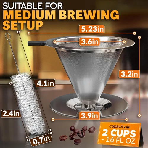 Vista 2 de Cafetera de acero inoxidable con cepillo de limpieza y mango de silicona antideslizante, capacidad para 2 tazas, malla 600 de malla de acero