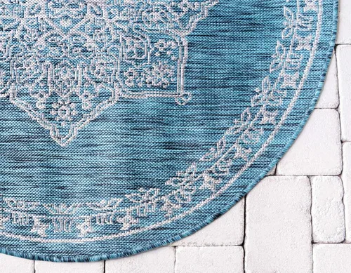 Vista 8 de Unique Loom Alfombra de la colección tradicional para exteriores, antigua (4 pies 1 pulgada, redonda, verde azulado/gris)