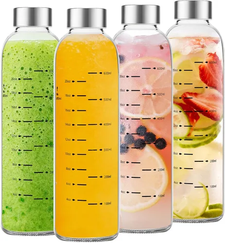 Vista 10 de Botellas de agua de vidrio Olivego con tapas 17 oz, botellas de jugo transparentes con tapa de acero inoxidable, botella de vidrio reutilizable
