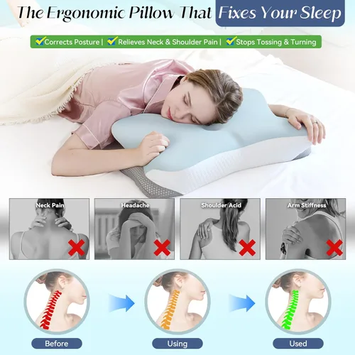 Vista 5 de SHJADE - Almohada cervical para soporte del cuello, almohada de espuma viscoelástica con contorno, almohada ortopédica ergonómica, almohada de cama