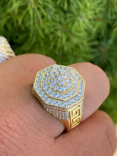 Vista 3 de Men's Real Solid 925 Sterling Silver Octagonal Hip Hop Ring - 14k Gold Plated - Super Iced Large Flooded Out Pinky Ring - Sz 7-13