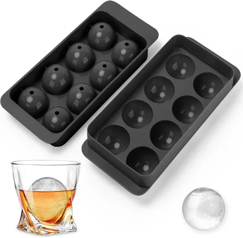 Vista 13 de Molde para cubitos de hielo para whisky, 2 x 8 cubos de hielo de whisky de 1.8 pulgadas, bandeja circular para cubitos de hielo con tapa