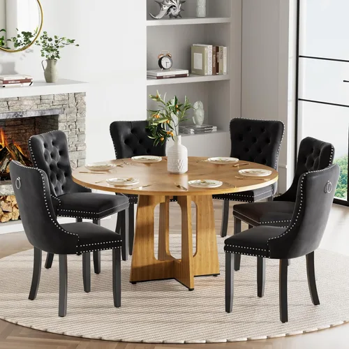 Vista 11 de Mesa de comedor redonda estilo granja para 6, mesa de cocina circular de 47" MDF con acabado de grano de madera, mesa de cocina y comedor de madera