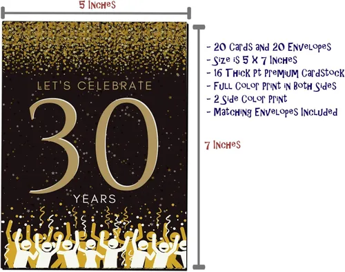 Vista 5 de Elcer Invitaciones para fiesta de cumpleaños número 30 Celebración de 30 años Feliz aniversario 5 x 7 Negro y dorado Estilo de relleno