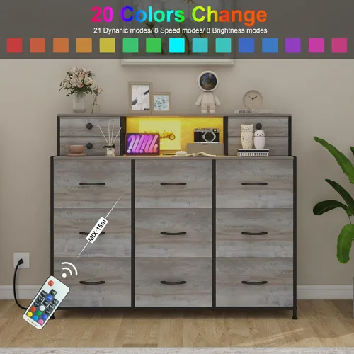 Vista 7 de Cómoda gris con tomas de corriente y luces LED, 13 cajones largos para dormitorio, cómoda de tela de piel sintética para sala de estar, pasillo