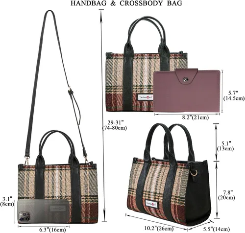 Vista 5 de Bolso a cuadros para mujer, bolso a cuadros con asa superior, bolsa de trabajo, bolsa de hombro cruzada para viajes de oficina
