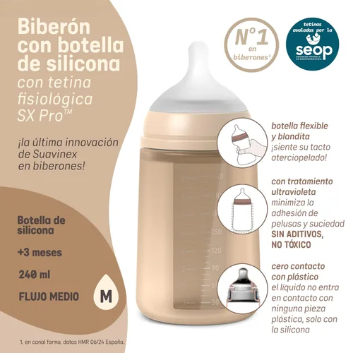 Vista 4 de Suavinex Color Essence SX PRO Biberón fisiológico de silicona flexible suave y flexible, biberones anticólicos, soporta la lactancia materna