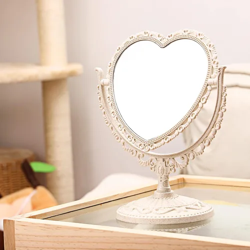 Vista 2 de Beaupretty Espejo de pie doble para maquillaje con rotación de 360 grados, parte superior de mesa en forma de corazón, espejo giratorio cosmético