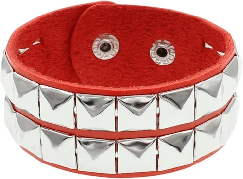 Vista 3 de TURTLEDOVE Punk Leather Bracelet Set - 3PCS Goth Leather Wristband with Metal Studded - Cuff Bangle for Men Women Rojo