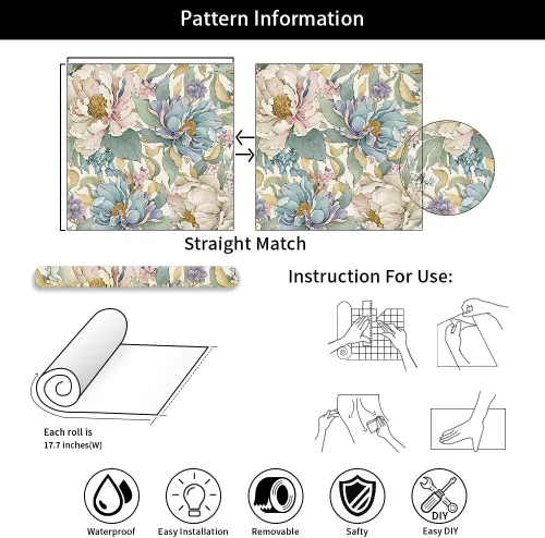 Vista 7 de MuralPeel Dreamy Peonies Floral Vintage Roses Beige/Oliva Papel Tapiz Despegar y Pegar Autoadhesivo Removible Fácil de Despegar Papel de Contacto