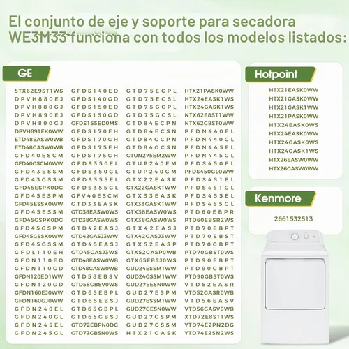 Vista 5 de WE3M33 Conjunto de eje y soporte de secadora compatible con secadores GE Kenmore Hotpoint, pieza de repuesto AP2049403 EA2355941 PS2355941 1515105
