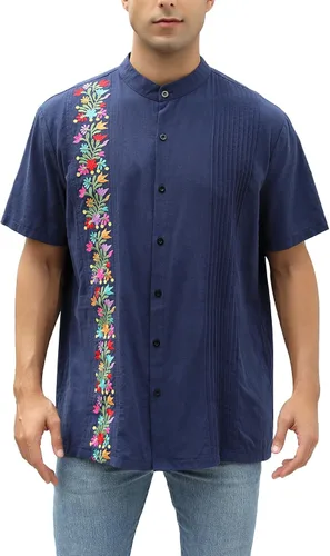 Vista 15 de Camisas mexicanas para hombre, camisas de vestir tradicionales de guayabera para hombre, con botones, cuello de banda, camisa de vestir para fiesta