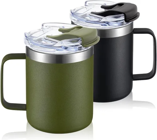 Vista 26 de Taza de café aislada de 12 onzas con asa, taza de café de viaje de acero inoxidable con tapa abatible, vaso de café de doble pared con aislamiento