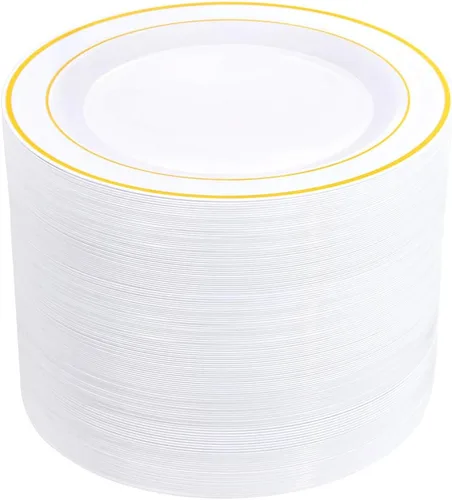 Vista 15 de bUCLA 100 platos de plástico con borde plateado, platos desechables de 7.5 pulgadas, ideales para bodas, fiestas y Navidad