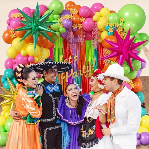 Vista 6 de Kit de guirnalda de globos de fiesta mexicana de 158 piezas con globos de aluminio amarillo, rosa intenso, lima, verde, naranja, morado, verde