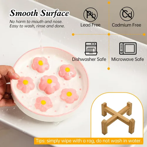 Vista 5 de Cuenco elevado para gatos de alimentación lenta – Rompecabezas laberinto plato de comida para gatos con soporte de bambú, antideslizante – Base Rosa