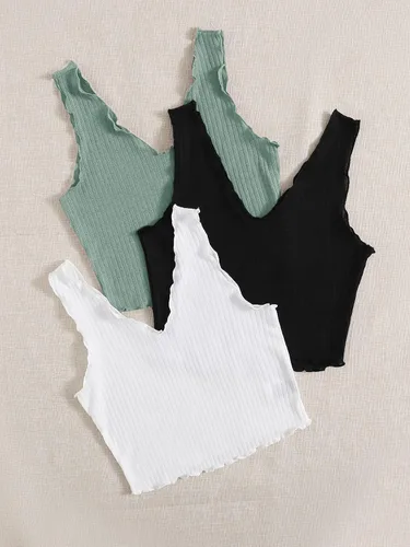 Vista 2 de Milumia Conjunto de 3 piezas de camisetas sin mangas de punto acanalado con cuello en V para mujer