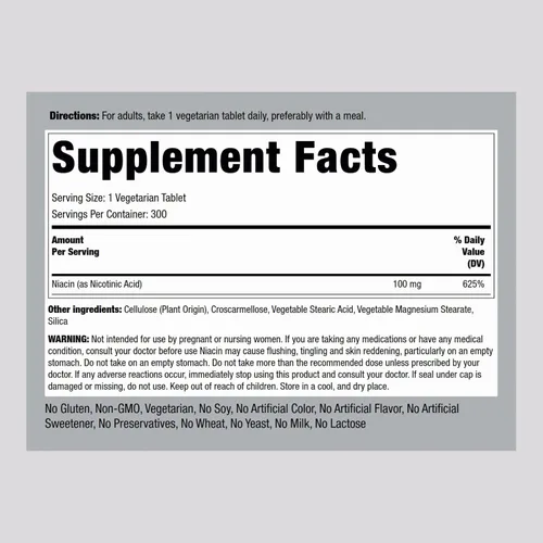 Vista 2 de Piping Rock Suplemento de niacina de 100 mg 300 tabletas Vitamina B3 para hombres y mujeres Ácido nicotínico con enjuague Vegetariano, sin