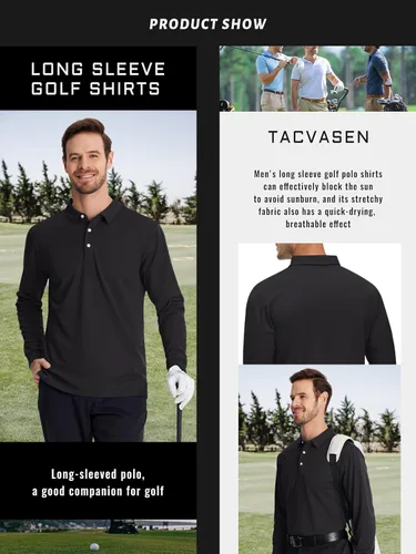 Vista 3 de TACVASEN Polo de manga larga para hombre, de secado rápido, absorbe la humedad, ligera, informal, con 3 botones