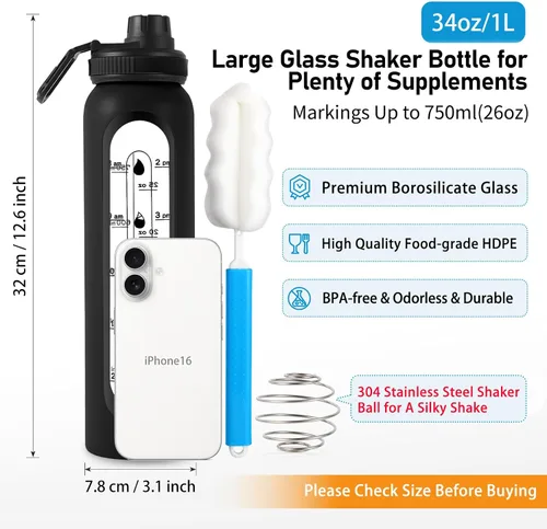 Vista 2 de Botella agitadora de vidrio de 34 oz/1 L, botella mezcladora de proteínas de vidrio negro con bola agitadora, botellas grandes para mezclas