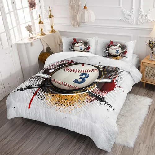 Vista 2 de AILONEN Juego de edredón de béisbol tamaño individual, juego de ropa de cama para niños, cama deportiva para niños en una bolsa, 1 juego de edredón