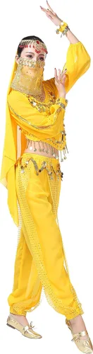 Vista 4 de Lauthen.S Conjunto de disfraz de Halloween para mujer con monedas, pantalones y velo facial