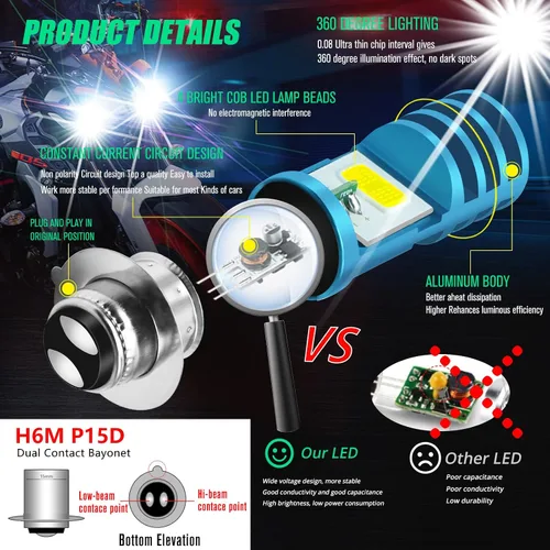 Vista 3 de 2 piezas 9-48V Bombillas LED para ATV Blancas, 1800LM Haz Alto-Bajo 4COBs H6M P15D Bombillas LED para Motocicleta, Yamaha, ATVS YFM350 450 400 660