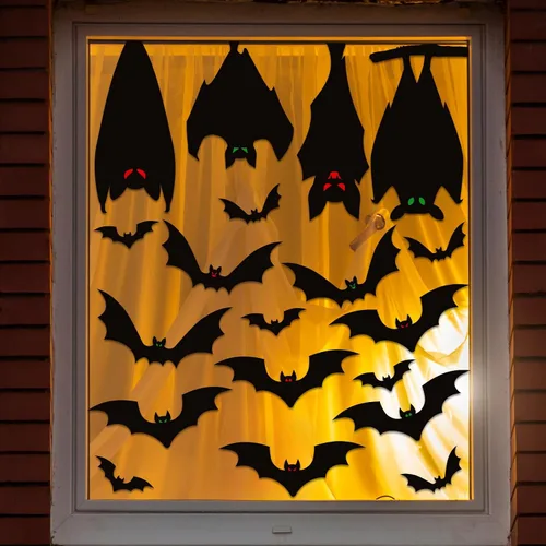 Vista 4 de ZOIIWA Adhesivos de Murciélagos de Halloween para Ventana Decoración, PVC Negro, 9 Hojas, 33x25cm, Reutilizable, Interior, Estilo de Terror