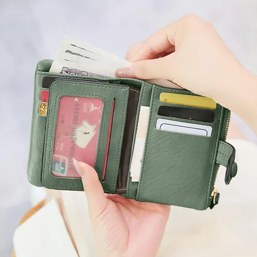 Vista 5 de Carteras pequeñas de triple pliegue para mujer, carteras Rfid para mujer, billeteras plegables de cuero para mujer, portatarjetas compactas