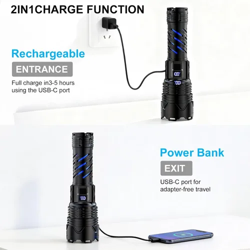 Vista 11 de Karrong Linterna recargable, linterna de haz largo de alto lúmenes, linterna potente súper brillante, 5 modos, zoomable, impermeable, luz táctica