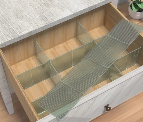 Vista 13 de Organizador de cajones de plástico para bricolaje, 8 unidades, divisores de cajones ajustables para el hogar, calcetines, ropa interior, suministros