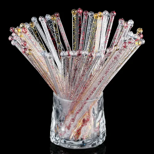 Vista 8 de 100 palitos desechables de plástico con parte superior redonda de cristal, con purpurina, palitos de plástico para cóctel, café, bebida (dorado)