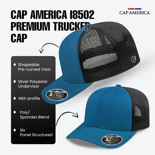 Vista 6 de Cap America i8502 Flexfit 110 Premium - Gorra de camionero de perfil medio con 6 paneles de malla trasera con protección UV y cierre ajustable