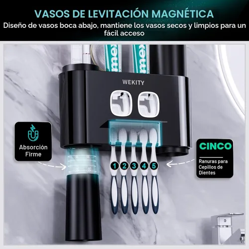 Vista 5 de Portacepillos de Dientes, Portacepillos de Dientes Multifuncional Montado en Pared, Dispensador de Pasta de Dientes para Baño con 2 Exprimidores