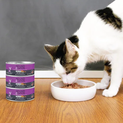 Vista 8 de HOUND & GATOS Alimento húmedo para gatos sin cereales, pavo e hígado, 5.5 onzas, caja de 24