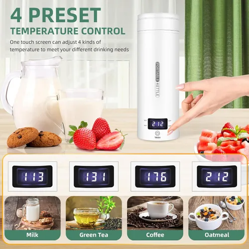 Vista 3 de Hervidor eléctrico de viaje, portátil, pequeño, hervidor de agua, calentador de agua con 4 controles de temperatura, acero inoxidable 304