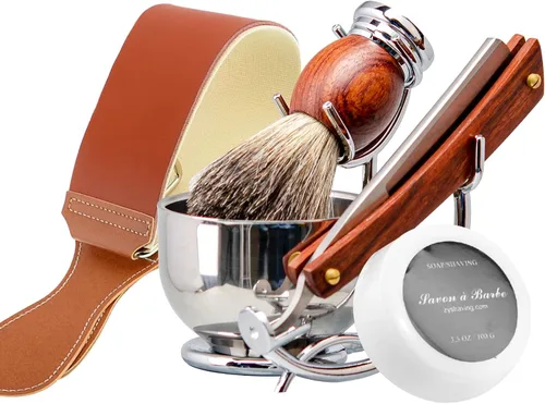 Vista 8 de Kit de afeitado con navaja recta Grandslam, navaja recta de acero con afilador de cuero, cepillo de afeitar, cuenco y soporte de afeitar de acero