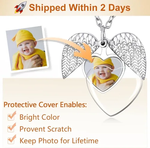 Vista 3 de Supcare Collar personalizado con medallón de alas de ángel con imagen conmemorativa, regalo de recuerdo personalizado para mujeres