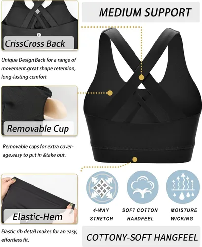 Vista 6 de RUNNING GIRL - Sujetadores deportivos para mujer, sujetadores deportivos con tiras acolchadas y espalda cruzada de apoyo medio con copas extraíbles