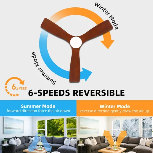 Vista 3 de WINGBO Ventilador de techo CC de montaje empotrado de 48 pulgadas, luz regulable 3CCT, 3 cuchillas de madera tallada, motor CC reversible sin ruido