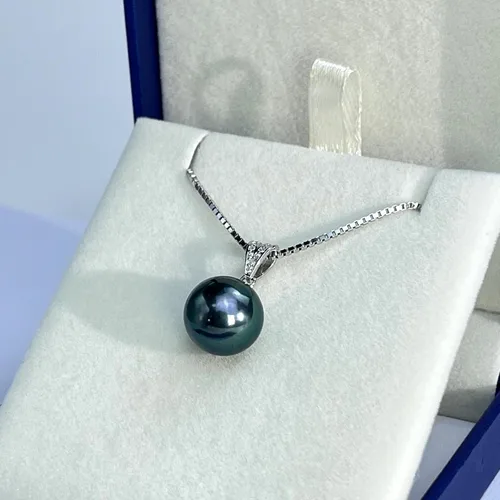 Vista 8 de YAMI BlackGolden Pearl Pendant Necklace for Women, Genuine Saltwater Cultured Tahitian Pearl, S925 Sterling Silver Single Pearl Necklace, Box Chain
