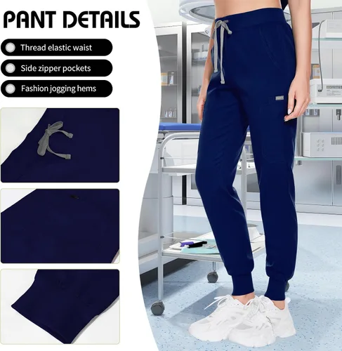 Vista 3 de VIAOLI Conjunto de uniforme médico para mujer con cuello en V y pantalón deportivo y 8 bolsillos para enfermería y trabajo clínico
